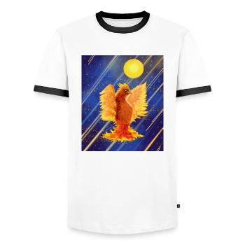 Kosmisch leuchtender Feuervogel: Cyber-Semurg - Männer Kontrast-T-Shirt - Weiß/Schwarz - Vorne - AI Model Female 172 light (172cm) & AI Model Male 178 dark (178cm)