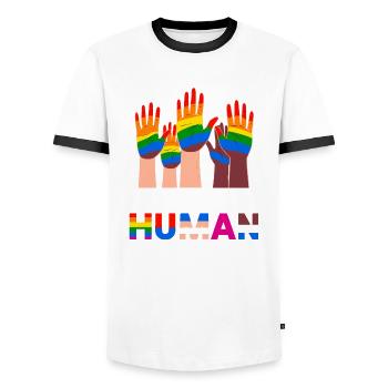 We Are All Human Diverse Hands Rainbow - Men's Ringer Shirt - white/black - Front - AI Model Female 172 light (172cm) & AI Model Male 178 dark (178cm)