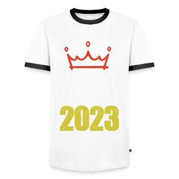Bali 2023 - Men's Ringer Shirt - white/black - Front - AI Model Female 172 light (172cm) & AI Model Male 178 dark (178cm)