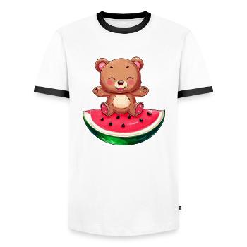 Bär sitzt auf Wassermelone - Niedliches - Männer Kontrast-T-Shirt - Weiß/Schwarz - Vorne - AI Model Female 172 light (172cm) & AI Model Male 178 dark (178cm)