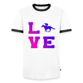 Cavalier d'équitation de sport équestre de saut d'obstacles - T-shirt contrasté Homme - blanc/noir - Devant - AI Model Female 172 light (172cm) & AI Model Male 178 dark (178cm)