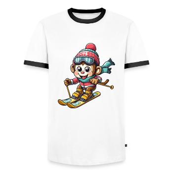 Monkey Chimpanzee Skier Winter Vacation Design - Men's Ringer Shirt - white/black - Front - AI Model Female 172 light (172cm) & AI Model Male 178 dark (178cm)