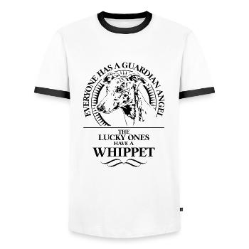 WHIPPET Guardian Angel Dog Saying Wilsigns - Men's Ringer Shirt - white/black - Front - AI Model Female 172 light (172cm) & AI Model Male 178 dark (178cm)