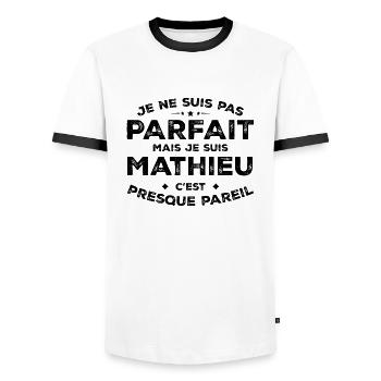 Mathieu A first name, an attitude Humour Mathieu - Men's Ringer Shirt - white/black - Front - AI Model Female 172 light (172cm) & AI Model Male 178 dark (178cm)