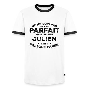 Julien A name, an attitude Julien Humour - Men's Ringer Shirt - white/black - Front - AI Model Female 172 light (172cm) & AI Model Male 178 dark (178cm)