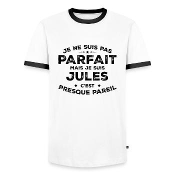 Jules A first name, an attitude Jules Humour - Men's Ringer Shirt - white/black - Front - AI Model Female 172 light (172cm) & AI Model Male 178 dark (178cm)