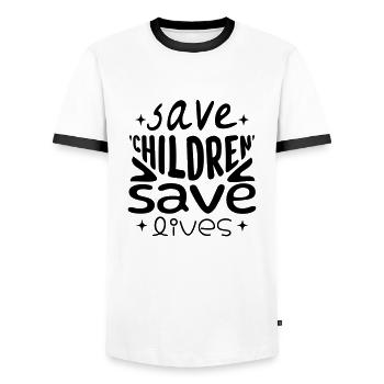 Save Children, Save Lives - Men's Ringer Shirt - white/black - Front - AI Model Female 172 light (172cm) & AI Model Male 178 dark (178cm)