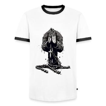 Praying hands with rosary - Men's Ringer Shirt - white/black - Front - AI Model Female 172 light (172cm) & AI Model Male 178 dark (178cm)