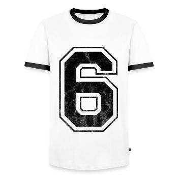 Nummer 6 - Männer Kontrast-T-Shirt - Weiß/Schwarz - Vorne - AI Model Female 172 light (172cm) & AI Model Male 178 dark (178cm)