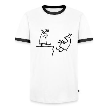 28 years: Farewell age 27 years, Happy 28th birthday - Men's Ringer Shirt - white/black - Front - AI Model Female 172 light (172cm) & AI Model Male 178 dark (178cm)