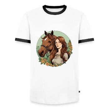 Amitié éternelle entre la femme et le cheval - T-shirt contrasté Homme - blanc/noir - Devant - AI Model Female 172 light (172cm) & AI Model Male 178 dark (178cm)
