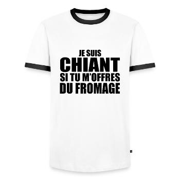 Man who adores: Cheese. Funny Design Humor - Men's Ringer Shirt - white/black - Front - AI Model Female 172 light (172cm) & AI Model Male 178 dark (178cm)