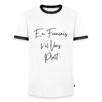 French teacher funny black text En Français š'il - Men's Ringer Shirt - white/black - Front - AI Model Female 172 light (172cm) & AI Model Male 178 dark (178cm)