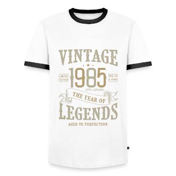 1985 Vintage 1985 Anniversary - Men's Ringer Shirt - white/black - Front - AI Model Female 172 light (172cm) & AI Model Male 178 dark (178cm)