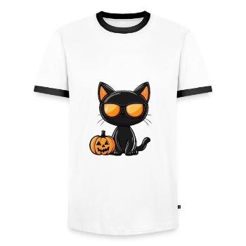 Katze Halloween Kater - Männer Kontrast-T-Shirt - Weiß/Schwarz - Vorne - AI Model Female 172 light (172cm) & AI Model Male 178 dark (178cm)