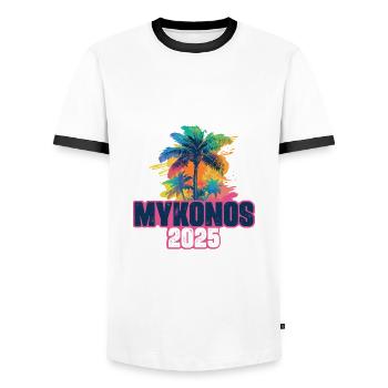 Mykonos 2025 Urlaub Palmen - Männer Kontrast-T-Shirt - Weiß/Schwarz - Vorne - AI Model Female 172 light (172cm) & AI Model Male 178 dark (178cm)