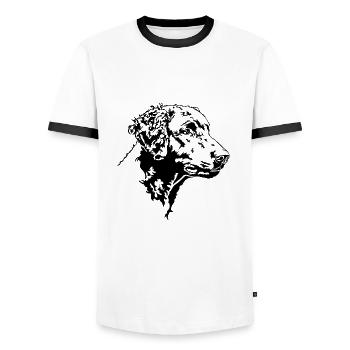 CURLY COATED RETRIEVER Hunde Portrait Wilsigns - Männer Kontrast-T-Shirt - Weiß/Schwarz - Vorne - AI Model Female 172 light (172cm) & AI Model Male 178 dark (178cm)