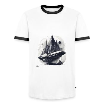 Sci fi city & ship - Men's Ringer Shirt - white/black - Front - AI Model Female 172 light (172cm) & AI Model Male 178 dark (178cm)