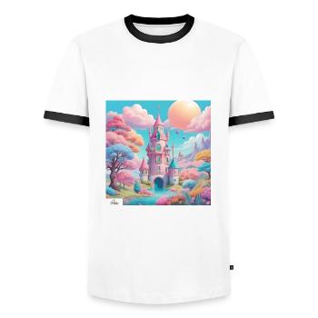 Pastellfarbene Schloss-Traumlandschaft - Männer Kontrast-T-Shirt - Weiß/Schwarz - Vorne - AI Model Female 172 light (172cm) & AI Model Male 178 dark (178cm)