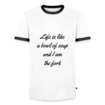 Durée de vie de la fourche - T-shirt contrasté Homme - blanc/noir - Devant - AI Model Female 172 light (172cm) & AI Model Male 178 dark (178cm)