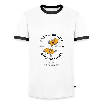 Nichts links oder rechts Karikatur - Männer Kontrast-T-Shirt - Weiß/Schwarz - Vorne - AI Model Female 172 light (172cm) & AI Model Male 178 dark (178cm)