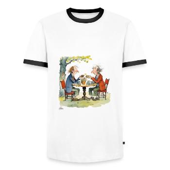 Gentlemen friends sharing a moment - Men's Ringer Shirt - white/black - Front - AI Model Female 172 light (172cm) & AI Model Male 178 dark (178cm)