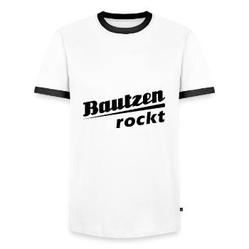Bautzen rockt - Textdesign mit Stadtnamen - Männer Kontrast-T-Shirt - Weiß/Schwarz - Vorne - AI Model Female 172 light (172cm) & AI Model Male 178 dark (178cm)