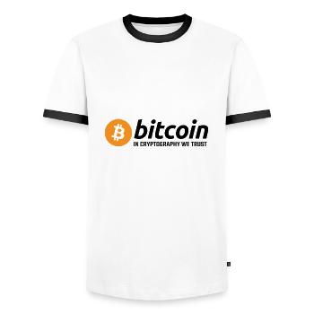 Bitcoin in Cryptography We Trust - Men's Ringer Shirt - white/black - Front - AI Model Female 172 light (172cm) & AI Model Male 178 dark (178cm)