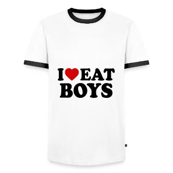 I love eat boys - Men's Ringer Shirt - white/black - Front - AI Model Female 172 light (172cm) & AI Model Male 178 dark (178cm)