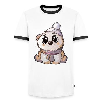 Niedlicher Eisbär mit Schal und Pudelmütze. - Männer Kontrast-T-Shirt - Weiß/Schwarz - Vorne - AI Model Female 172 light (172cm) & AI Model Male 178 dark (178cm)