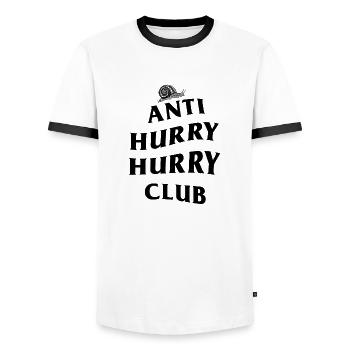 ANTI HURRY HURRY CLUB SNAIL EDITION - Men's Ringer Shirt - white/black - Front - AI Model Female 172 light (172cm) & AI Model Male 178 dark (178cm)