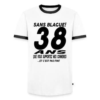 38 ans que vous supportez mes conneries - T-shirt contrasté Homme - blanc/noir - Devant - AI Model Female 172 light (172cm) & AI Model Male 178 dark (178cm)