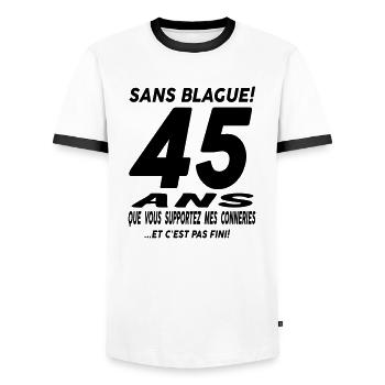 45 ans que vous supportez mes conneries - T-shirt contrasté Homme - blanc/noir - Devant - AI Model Female 172 light (172cm) & AI Model Male 178 dark (178cm)