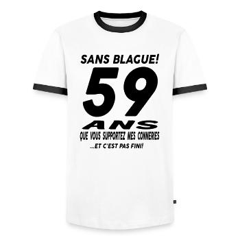 59 ans que vous supportez mes conneries - T-shirt contrasté Homme - blanc/noir - Devant - AI Model Female 172 light (172cm) & AI Model Male 178 dark (178cm)