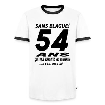 54 ans / anniversaire 54 ans / tee shirt 54 ans - T-shirt contrasté Homme - blanc/noir - Devant - AI Model Female 172 light (172cm) & AI Model Male 178 dark (178cm)