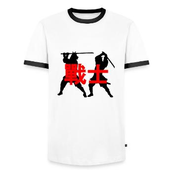 FIGHT BETWEEN TWO SAMURAI WITH THE INSCRIPTION - Men's Ringer Shirt - white/black - Front - AI Model Female 172 light (172cm) & AI Model Male 178 dark (178cm)