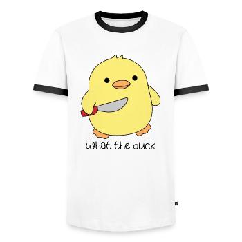 funny duck quote what te duck with knife - Men's Ringer Shirt - white/black - Front - AI Model Female 172 light (172cm) & AI Model Male 178 dark (178cm)
