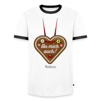 Lebkuchenherz Du mich auch - Männer Kontrast-T-Shirt - Weiß/Schwarz - Vorne - AI Model Female 172 light (172cm) & AI Model Male 178 dark (178cm)
