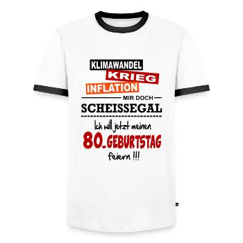 Geburtstag 80 Klimawandel Krieg Inflation Mir egal - Männer Kontrast-T-Shirt - Weiß/Schwarz - Vorne - AI Model Female 172 light (172cm) & AI Model Male 178 dark (178cm)