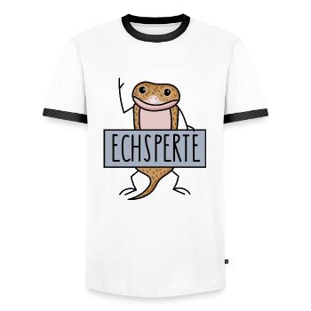 Lustige Echse als Experte - Männer Kontrast-T-Shirt - Weiß/Schwarz - Vorne - AI Model Female 172 light (172cm) & AI Model Male 178 dark (178cm)