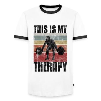 Bodybuilding is my therapy Bpdybuilder GYM Retro - Männer Kontrast-T-Shirt - Weiß/Schwarz - Vorne - AI Model Female 172 light (172cm) & AI Model Male 178 dark (178cm)