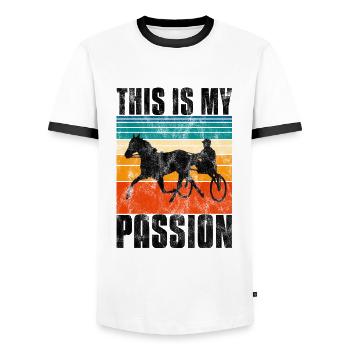 C’est ma Passion Trotting Races Retro - T-shirt contrasté Homme - blanc/noir - Devant - AI Model Female 172 light (172cm) & AI Model Male 178 dark (178cm)