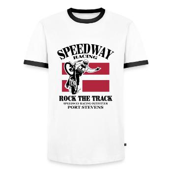 speedway - Denmark - Männer Kontrast-T-Shirt - Weiß/Schwarz - Vorne - AI Model Female 172 light (172cm) & AI Model Male 178 dark (178cm)