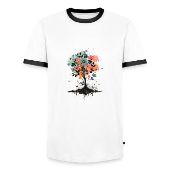 Colorful Floral Tree Minimal Painting - Men's Ringer Shirt - white/black - Front - AI Model Female 172 light (172cm) & AI Model Male 178 dark (178cm)