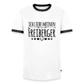 Ich liebe meinen Freiberger - Reiter Geschenk - Männer Kontrast-T-Shirt - Weiß/Schwarz - Vorne - AI Model Female 172 light (172cm) & AI Model Male 178 dark (178cm)