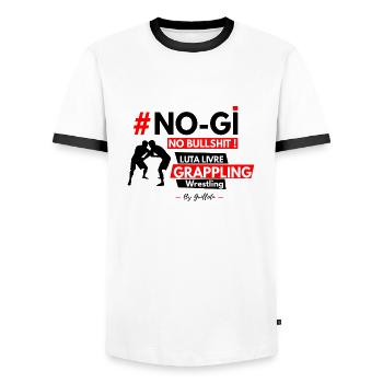 T-shirt grappling / Jiu-jitsu "No-gi no bullshit" - Men's Ringer Shirt - white/black - Front - AI Model Female 172 light (172cm) & AI Model Male 178 dark (178cm)