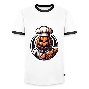 Halloween Kürbis mit Bäckermütze und Brot - Männer Kontrast-T-Shirt - Weiß/Schwarz - Vorne - AI Model Female 172 light (172cm) & AI Model Male 178 dark (178cm)