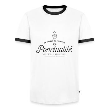 Ma marque de fabrique la Ponctualité - T-shirt contrasté Homme - blanc/noir - Devant - AI Model Female 172 light (172cm) & AI Model Male 178 dark (178cm)