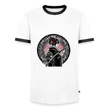 Japanese Samurai Woman - Men's Ringer Shirt - white/black - Front - AI Model Female 172 light (172cm) & AI Model Male 178 dark (178cm)