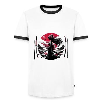 Samurai Girl katana - Men's Ringer Shirt - white/black - Front - AI Model Female 172 light (172cm) & AI Model Male 178 dark (178cm)